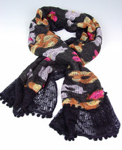 STYLISH Black Multicolor Floral Crochet Knit Weave Fashion Scarf - £10.34 GBP