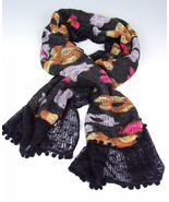STYLISH Black Multicolor Floral Crochet Knit Weave Fashion Scarf - £10.41 GBP