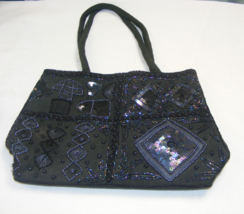 Vintage Purse Black Linen Cloth with Black Bead and Sequin Design Double... - $601.48 MXN