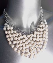 STYLISH Creme Pearls Cluster Silver Chains BIB Drape Necklace Earrings Set - £22.32 GBP