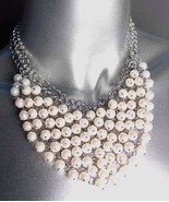 STYLISH Creme Pearls Cluster Silver Chains BIB Drape Necklace Earrings Set - £22.01 GBP