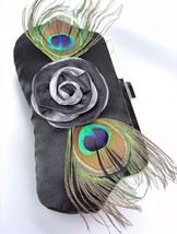 Silky Black Satin Flower Peacock Feathers Clutch Evening Purse Bag - £10.17 GBP