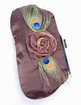 Silky Brown Satin Flower Peacock Feathers Clutch Evening Purse Bag - $12.99