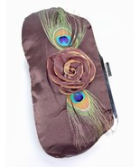 Silky Brown Satin Flower Peacock Feathers Clutch Evening Purse Bag - £10.38 GBP
