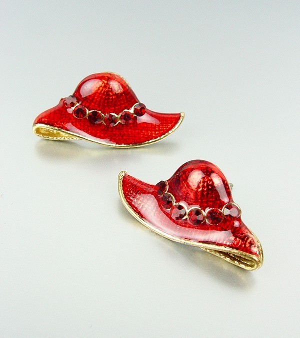 Vibrant Society Red Laquer Enamel Red CZ Crystals Gold Red Hat Post Earrings - $4.99