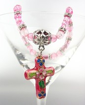 Vintage Pink Floral Cloisonn&#39;e Enamel Cross Charm Beads Stretch Bracelet - £5.52 GBP