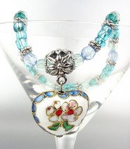 Vintage White Multi Floral Cloisonn&#39;e Enamel Heart Charm Beads Stretch Bracelet - £5.52 GBP