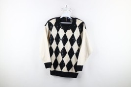 Vtg 80s Womens Medium Silk Rabbit Hair Wool Blend Knit Sequin Sweater Diamond - $39.55