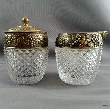 Glass Creamer and Covered Sugar Diamond Point w Metal Collars Grapes and... - $21.00