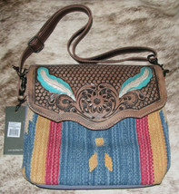 Myra Bag #3058 &quot;Feather&quot; Hand Tooled Leather, Rug, Canvas 11.5&quot;x9.5&quot; Shoulder - £42.21 GBP