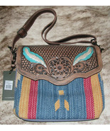 Myra Bag #3058 &quot;Feather&quot; Hand Tooled Leather, Rug, Canvas 11.5&quot;x9.5&quot; Sho... - $53.11