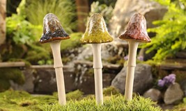  Mushroom Garden Stakes Set of 3 - 12" High Ceramic3 Different Colors Toadstool image 2