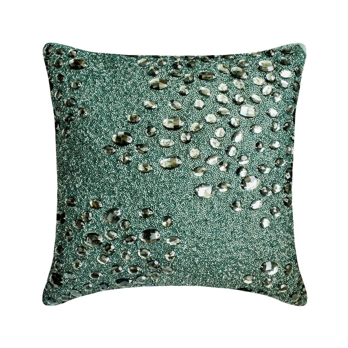 Green Silk Crystal &amp; Beaded 16&quot;x16&quot; Throw Pillow Cover - Peacock Jewel - $60.71+