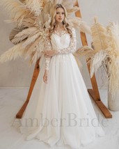 Illusion Wedding Dress, Floral Wedding Dress, A-Line Tulle Wedding Dress... - $324.50