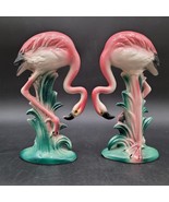 Two Vintage MCM California Pottery Pink &amp; Green Flamingo Bird Figurines - €63,96 EUR