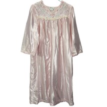 Vintage Character Brushed Satin Long Nightgown Size M Pink Floral Shiny - $29.65