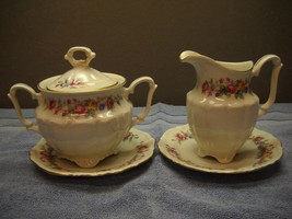 Carl Tielsh Walbrzych Cream And Sugar Set 2 Saucers Poland 1945-52 Pink Roses - £60.58 GBP