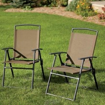 Textilene Folding Chair Armchair 2-Pack Brown Adjustable Back Armrests Frame - £61.11 GBP