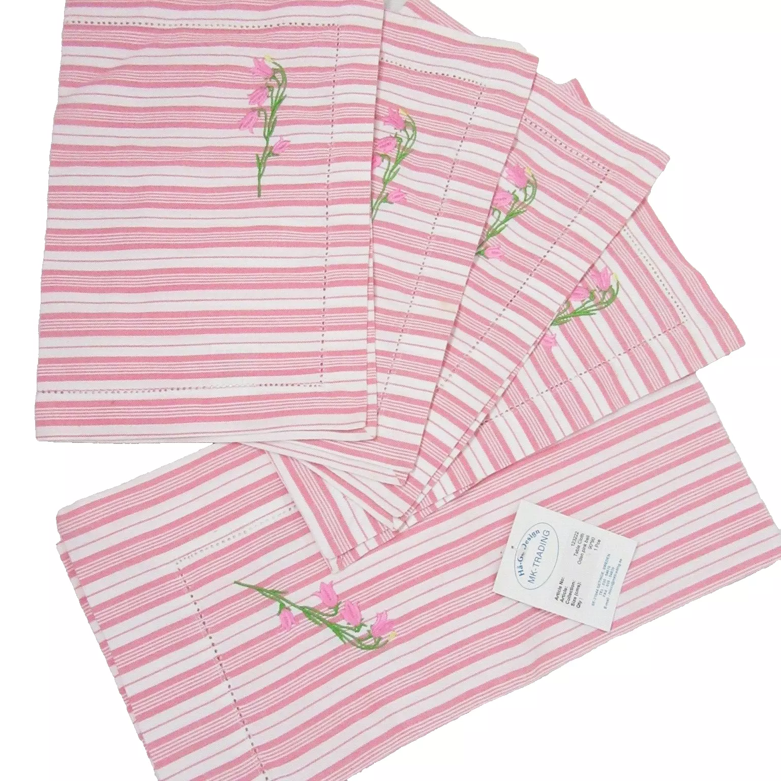 MK-Trading Embroidered Floral Stripe Pink 5-PC Fabric Tablecloth and Pla... - $45.00