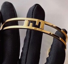 Gold Lucky Letter F Logo Bangle Bracelet Designer Ganni Wang Luxury Cuff Clover  - £18.90 GBP