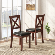 Dining Chairs Set of 2 Wooden Kitchen Leather Padded Seat Wood Frame Brown Black - £124.65 GBP