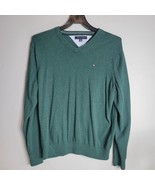 Tommy Hilfiger Mens Sweater XL V-Neck Pullover Cotton Green Embroidered VTG - $31.98