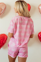 Pink Waffle Knit Bowknot Printed V Neck T Shirt and Shorts Set - $388.18 MXN