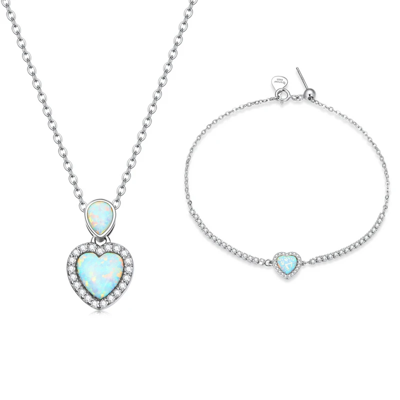 925 Sterling Silver Love Heart Fire Opal Charm Bracelet  Necklace for Women Ster - £40.17 GBP