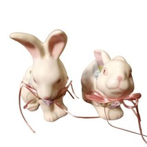 Vtg Dept 56 White Porcelain Bunny Rabbit Spring Easter Ribbon  Flowers Purple-2 - £13.42 GBP