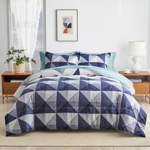 7 Piece Bed In A Bag King, Navy Triangle Simple Design, Smooth Soft Microfiber C - £51.09 GBP