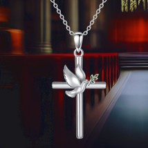 Dove Cross Necklace 925 Sterling Silver Dainty Cute Animal Charm Jewelry Delicat - £81.91 GBP