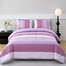 Lavender Purple Comforter Queen Size Lightweight Striped Bedding Set Patchwork M - £44.09 GBP