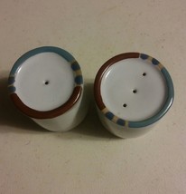 036 Set of Ceramice Salt &amp; Pepper Shakers S&amp;P White Body Blue &amp; Brown Rim - $9.99