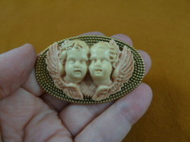 (CL49-17) Twin two Cherubs angels ivory + pink CAMEO flower brass Pin Pendant - £28.40 GBP