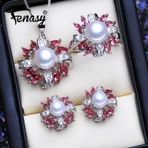 Silver natural freshwater pearl jewelry sets for women pearl necklace ruby earring ring thumb200