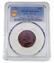 1754 Great Britain 1/4D Farthing S-3722 Graded by PCGS as MS-64 Brown - $1,269.83