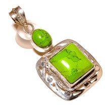 Green Turquoise Gemstone 925 Silver Overlay Handmade Bezel Set Filigree Pendant - £9.54 GBP