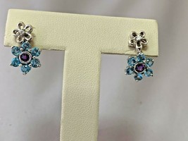 14K White Gold Flower Design TOPAZ/AMETHYST/DIAMOND EARRINGS-STUD Style - £237.35 GBP