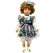 Vintage Genuine Porcelain Doll by Studio 5 Collection Floral Dress Box Stand 17&quot; - £16.74 GBP