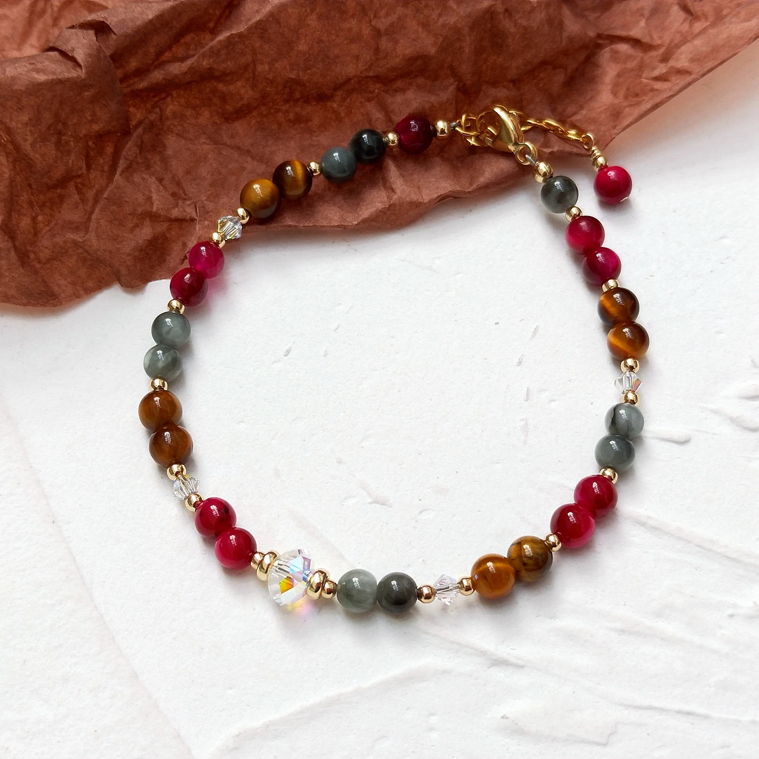 4mm Tiger Eye Eagle Eye 14K Gold Filled Bracelet Natural Stone With Baroque Pear - £46.37 GBP