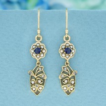 Blue Sapphire Pearl Diamond Vintage Style Floral Drop Earrings in Solid 9K Gold - £553.66 GBP