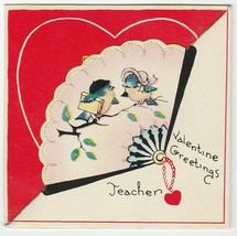 Vintage Valentine Card Bluebirds in Hat Fan Die-Cut 1920&#39;s - £6.19 GBP