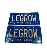 Vintage 1987 Michigan Vanity License Plate Set LEGROW Vanity Pair Blue M... - £44.10 GBP