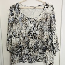 Chicos Weekends 2 Size L Shirt Top Soft Animal Print Stretch Brown Blue 3/4 SL - £14.41 GBP
