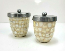 2 Mother Of Pearl Inlay Jar Glass Vanity Storage Container Capiz Shell w/ Lids   - £31.95 GBP