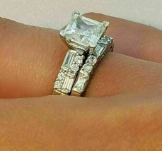 White Moissanite 3.25Ct Princess Cut Engagement Ring Set 14K White Gold Size 8.5 - £269.72 GBP