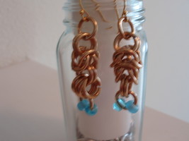 Czech blue glass gold colored chain maille earrings with gold ear wire(item 103) - £3.99 GBP