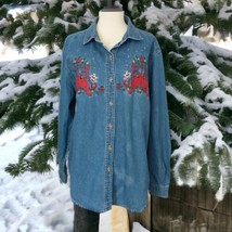 Embroidered Cardinal Denim Shirt L Shacket Womens Jacket Bird Winter But... - $26.72