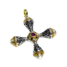 Gerochristo 5272 - Gold, Silver &amp; Ruby Medieval Byzantine Cross Pendant  - $890.00