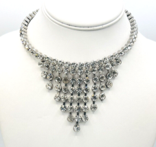 Vintage Silver Tone Crystal Rhinestone Choker Collar Bib Necklace 14 in - $34.65